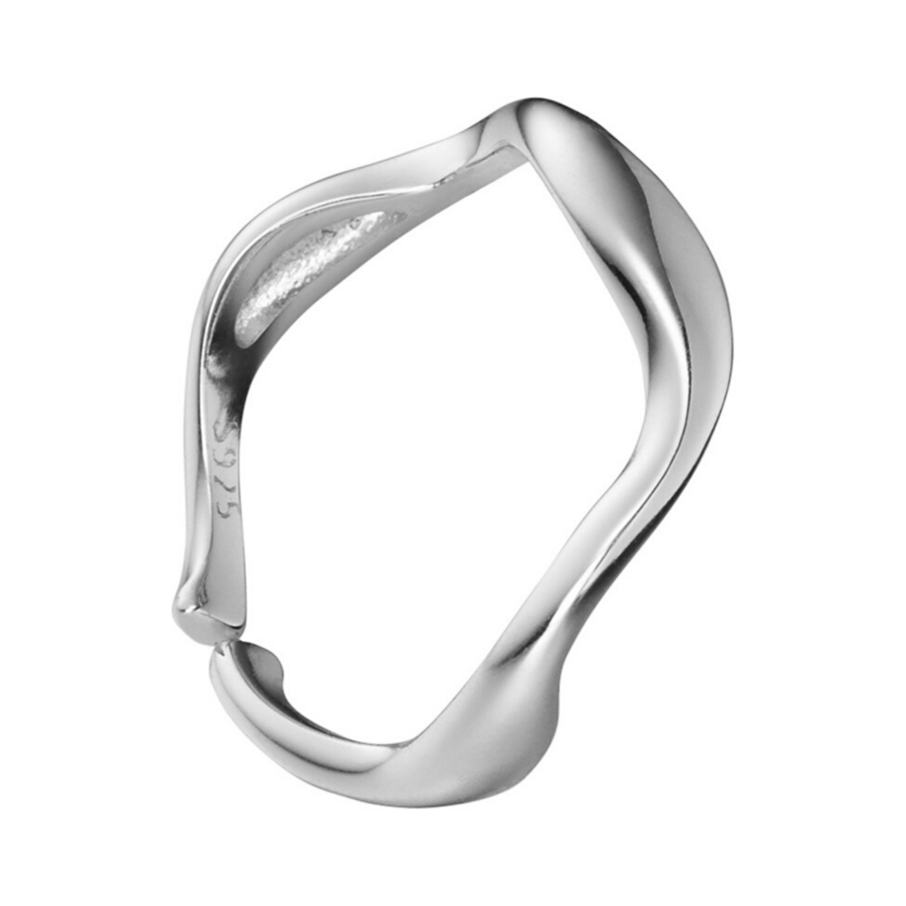 Silver ring with a wavy design on a white background